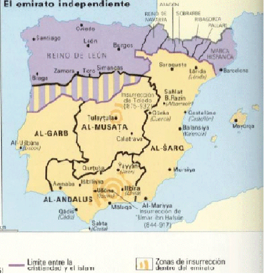 Mapa de la península Ibérica en el que se puede observar la división regional del estado de Al-Ándalus en la época del emirato independiente. En el que se constata que la región de Al-Sarq llega hasta la ciudad de Al-Mariyya (Almería), y que la región de Al-Ándalus finaliza en Iliberris  (Granada). 