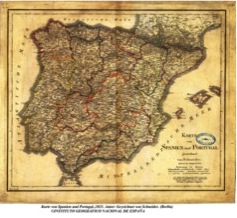 Mapa de España y Portugal del s. XIX, donde se puede apreciar como se mantiene la división territorial entre los reinos de Andalucía y Granada